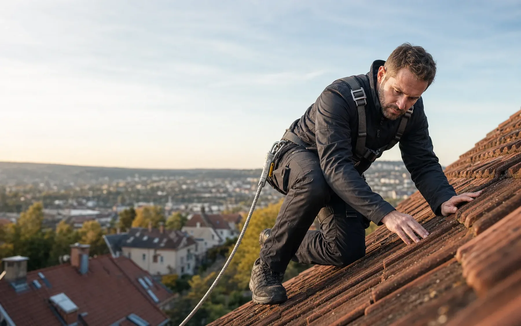 Vorschau der Dachdecker-Konzeptwebsite mit Dachdecker bei der Arbeit
