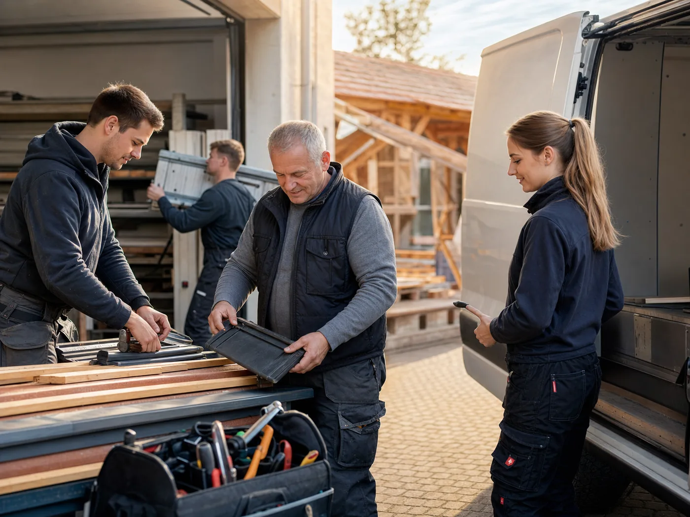 Konzeptmotiv eines Dachdecker-Teams bei der Vorbereitung in der Werkstatt