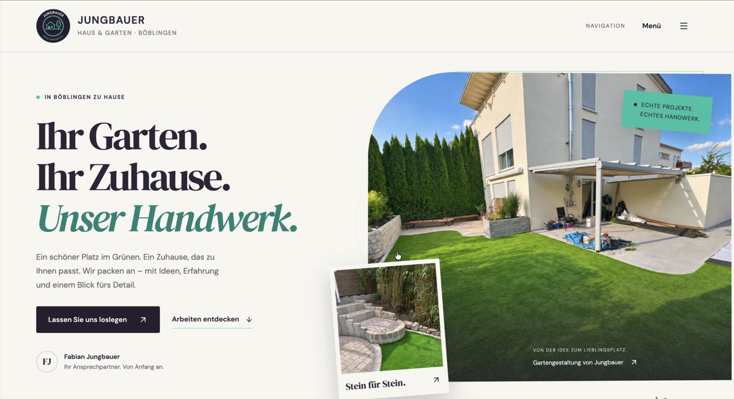 Jungbauer Website-Entwurf mit Gartengestaltung und persönlichen Leistungen