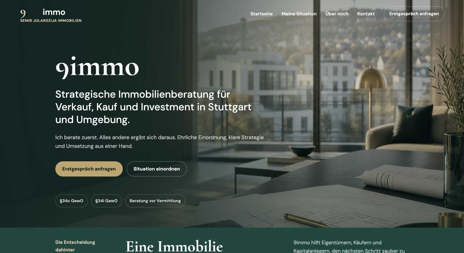9immo Website mit ruhiger Immobilienberatung im Hero-Bereich