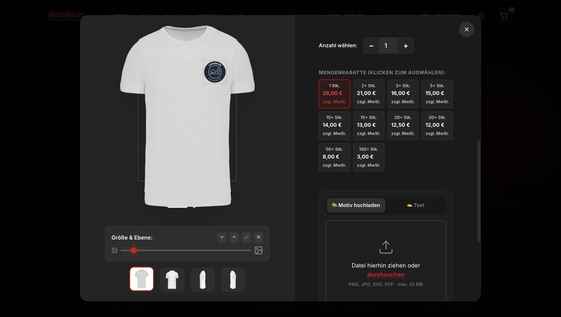 Konfigurator von VisitYou mit T-Shirt, Größenregler, Mengenrabatt und Upload für das Motiv