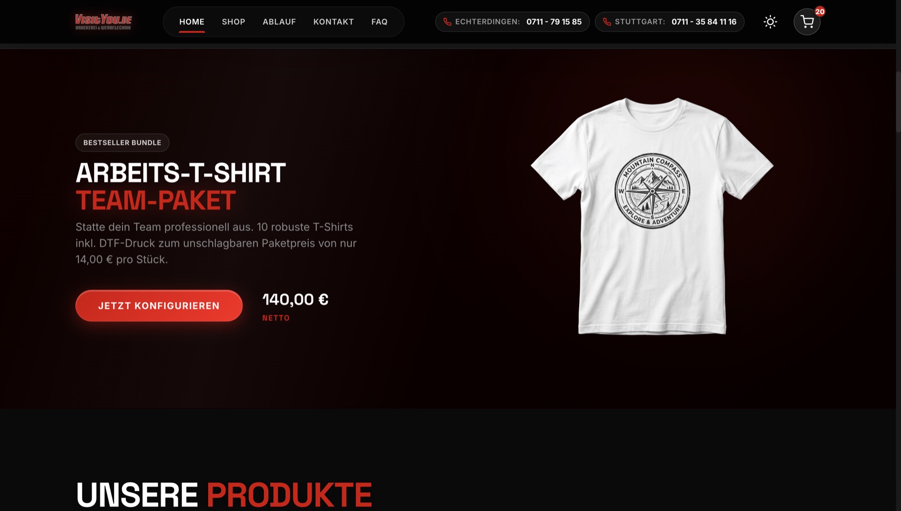 Startseite von VisitYou mit dem Bundle Arbeits-T-Shirt Team-Paket und dem Button Jetzt konfigurieren